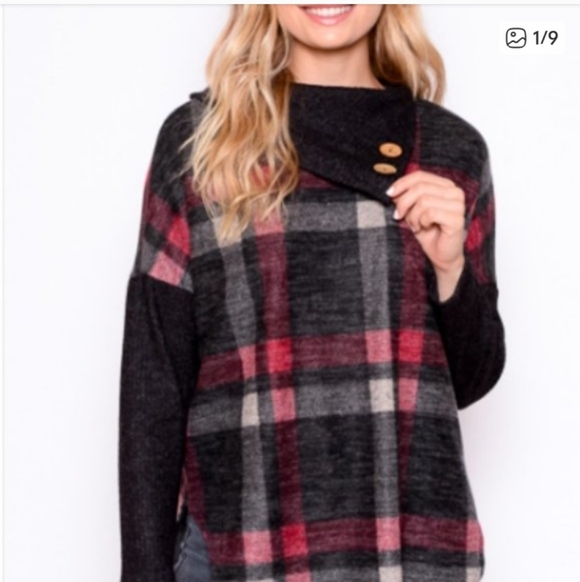 Chris & Carol Sweaters - Chris & Carol Women's Cowl Neck Plaid Sweater - Red and Gray